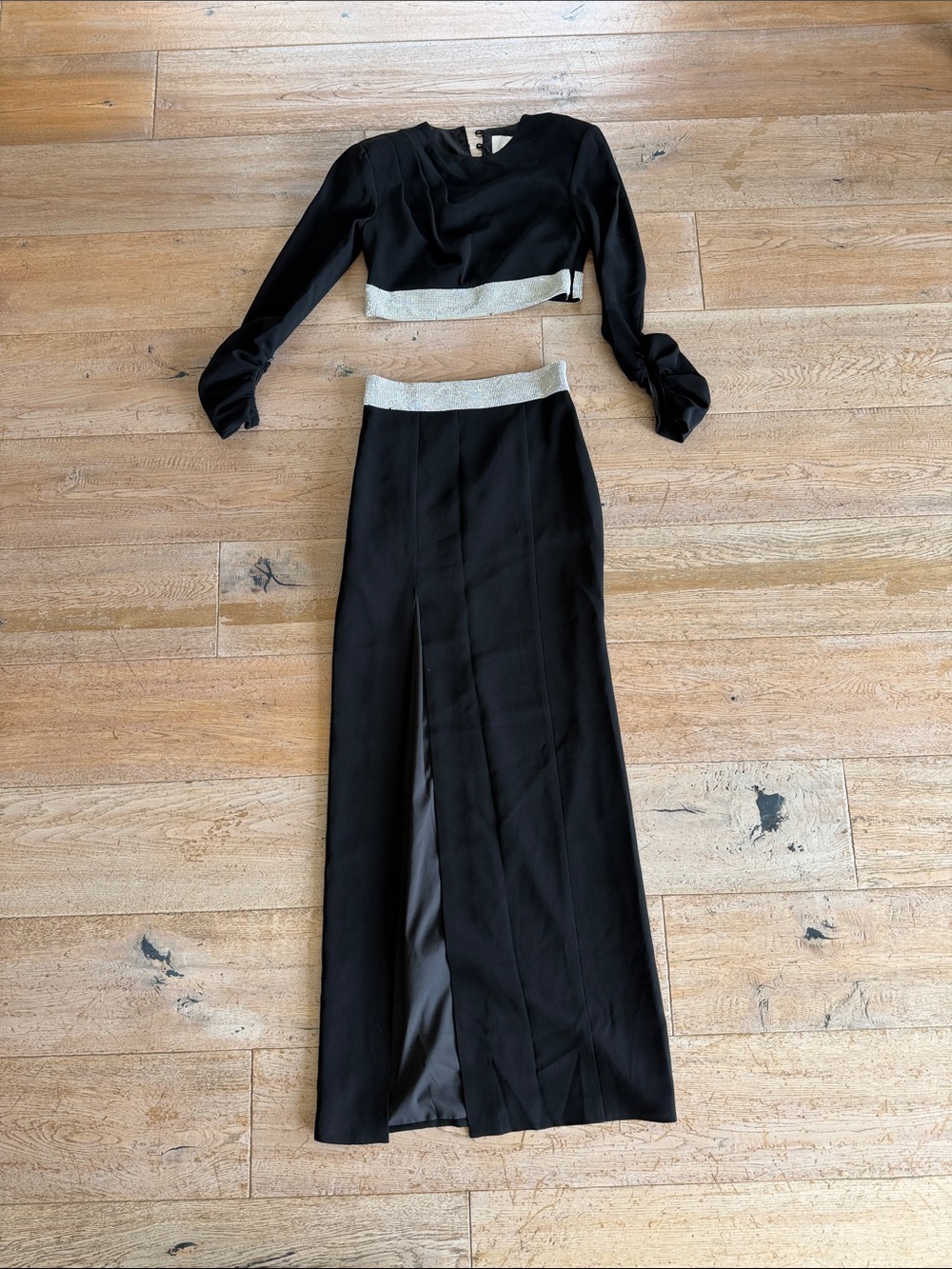 Cinq à Sept Odelle Black Two-Piece Crop Top & Skirt Set with Silver Trim